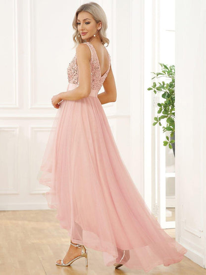 ever CALLIE|Sequin Bodice Tulle High-Low Evening Dress with Ribbon Waist