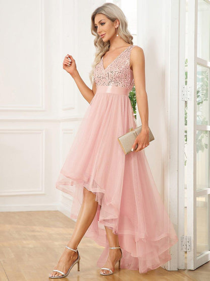 ever CALLIE|Sequin Bodice Tulle High-Low Evening Dress with Ribbon Waist
