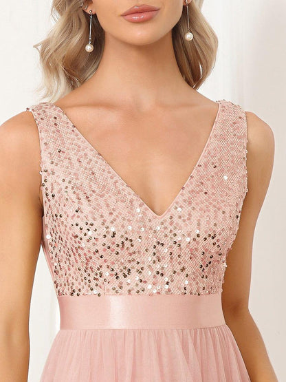 ever CALLIE|Sequin Bodice Tulle High-Low Evening Dress with Ribbon Waist