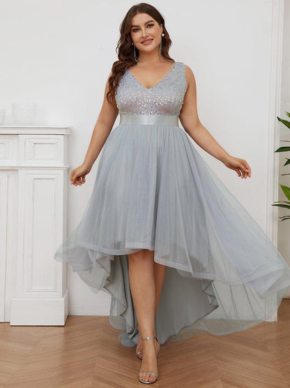 ever CALLIE|Sequin Bodice Tulle High-Low Evening Dress with Ribbon Waist