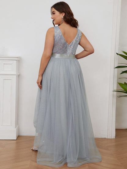 ever CALLIE|Sequin Bodice Tulle High-Low Evening Dress with Ribbon Waist