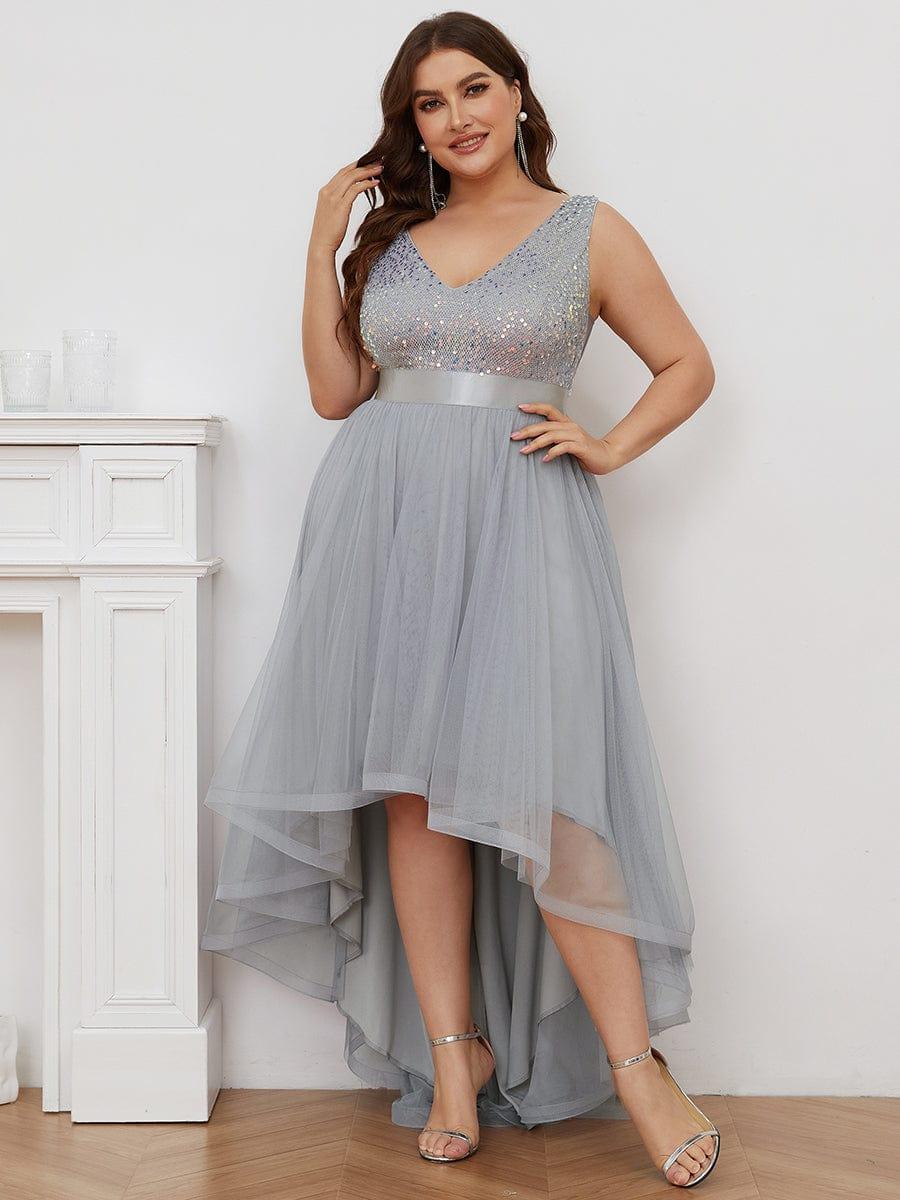 ever CALLIE|Sequin Bodice Tulle High-Low Evening Dress with Ribbon Waist