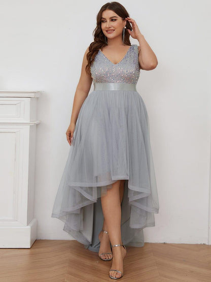 ever CALLIE|Sequin Bodice Tulle High-Low Evening Dress with Ribbon Waist