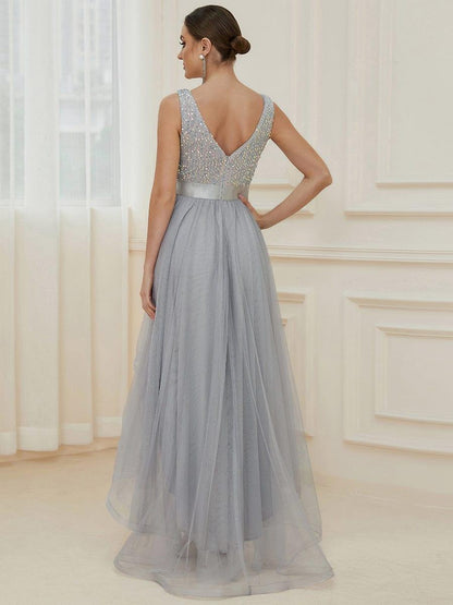 ever CALLIE|Sequin Bodice Tulle High-Low Evening Dress with Ribbon Waist