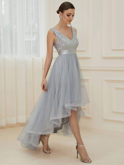 ever CALLIE|Sequin Bodice Tulle High-Low Evening Dress with Ribbon Waist