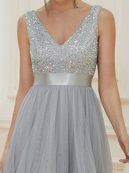 ever CALLIE|Sequin Bodice Tulle High-Low Evening Dress with Ribbon Waist