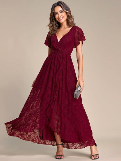 ever ELISE|Pleated V-Neck Lace Formal Evening Dress