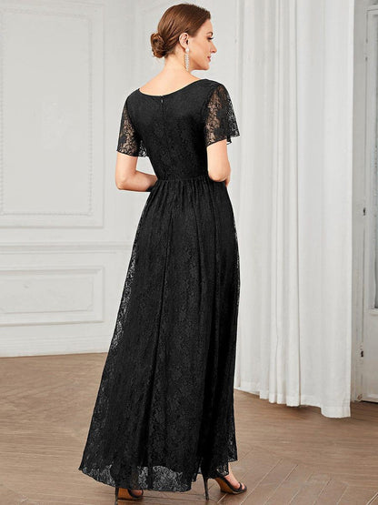 ever ELISE|Pleated V-Neck Lace Formal Evening Dress