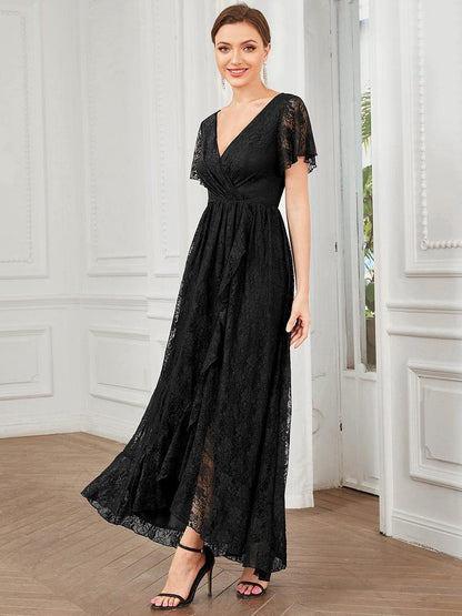 ever ELISE|Pleated V-Neck Lace Formal Evening Dress