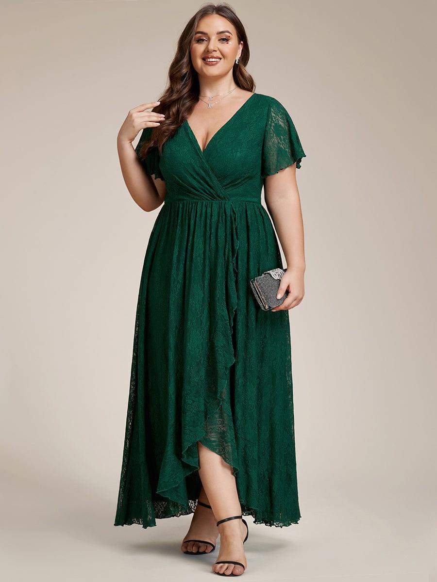 pretty ELISE|Plus Size Short Sleeve Ruffled V-Neck A-Line Lace Wedding Guest Dress