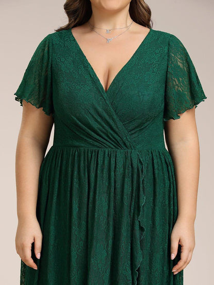 ever ELISE|Pleated V-Neck Short Sleeve Ruffled Lace Wedding Guest Dress