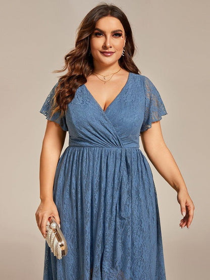 ever ELISE|Pleated V-Neck Short Sleeve Ruffled Lace Wedding Guest Dress