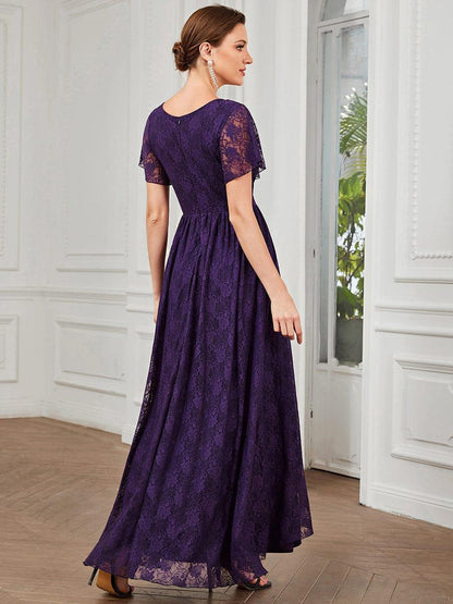ever ELISE|Pleated V-Neck Short Sleeve Ruffled Lace Wedding Guest Dress