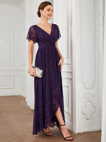 ever ELISE|Pleated V-Neck Lace Formal Evening Dress