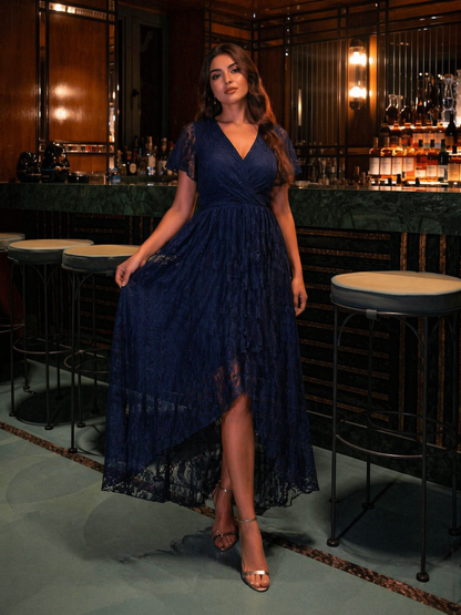 ever ELISE|Pleated V-Neck Lace Formal Evening Dress