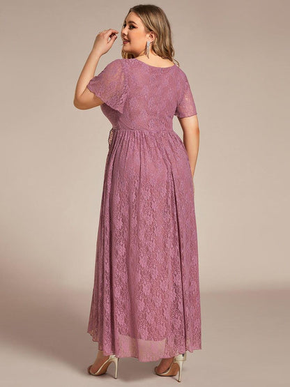 pretty ELISE|Plus Size Short Sleeve Ruffled V-Neck A-Line Lace Wedding Guest Dress