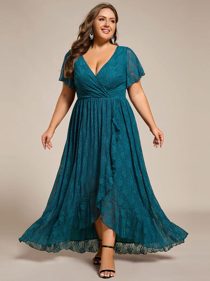 ever ELISE|Pleated V-Neck Lace Formal Evening Dress
