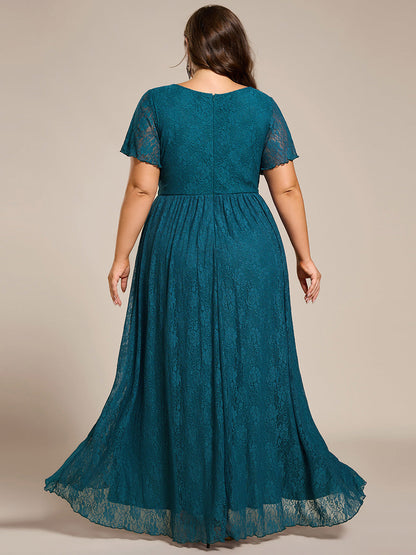 pretty ELISE|Plus Size Short Sleeve Ruffled V-Neck A-Line Lace Wedding Guest Dress