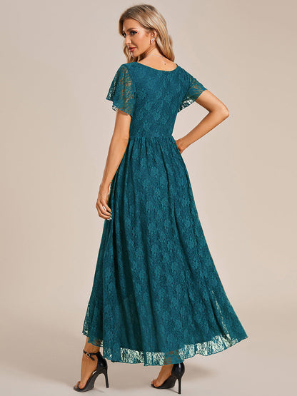 ever ELISE|Pleated V-Neck Short Sleeve Ruffled Lace Wedding Guest Dress
