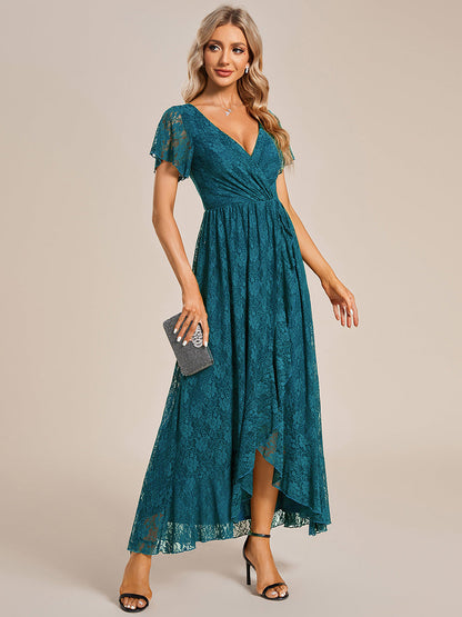 ever ELISE|Pleated V-Neck Lace Formal Evening Dress