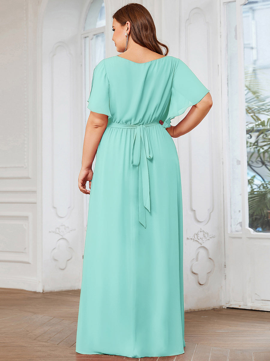 pretty LEORA|Plus Size Pleated Tie-Waist Chiffon Bridesmaid Dress