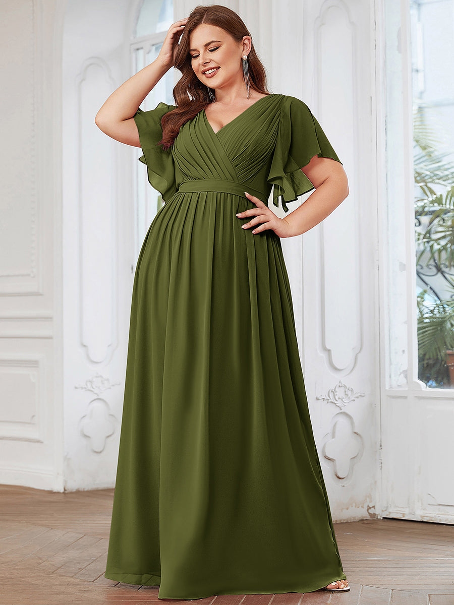 pretty LEORA|Plus Size Pleated Tie-Waist Chiffon Bridesmaid Dress
