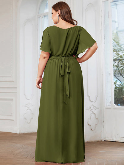 pretty LEORA|Plus Size Pleated Tie-Waist Chiffon Bridesmaid Dress