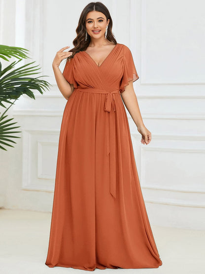 pretty LEORA|Plus Size Chiffon Tie-Waist Evening Dress