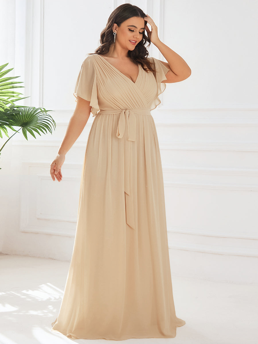 pretty LEORA|Plus Size Pleated Tie-Waist Chiffon Bridesmaid Dress
