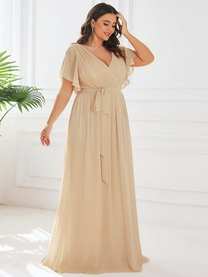 pretty LEORA|Plus Size Pleated Tie-Waist Chiffon Bridesmaid Dress