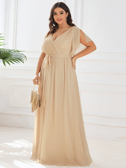 pretty LEORA|Plus Size Pleated Tie-Waist Chiffon Bridesmaid Dress