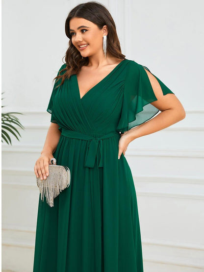 pretty LEORA|Plus Size Chiffon Tie-Waist Evening Dress