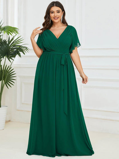 pretty LEORA|Plus Size Pleated Tie-Waist Chiffon Bridesmaid Dress