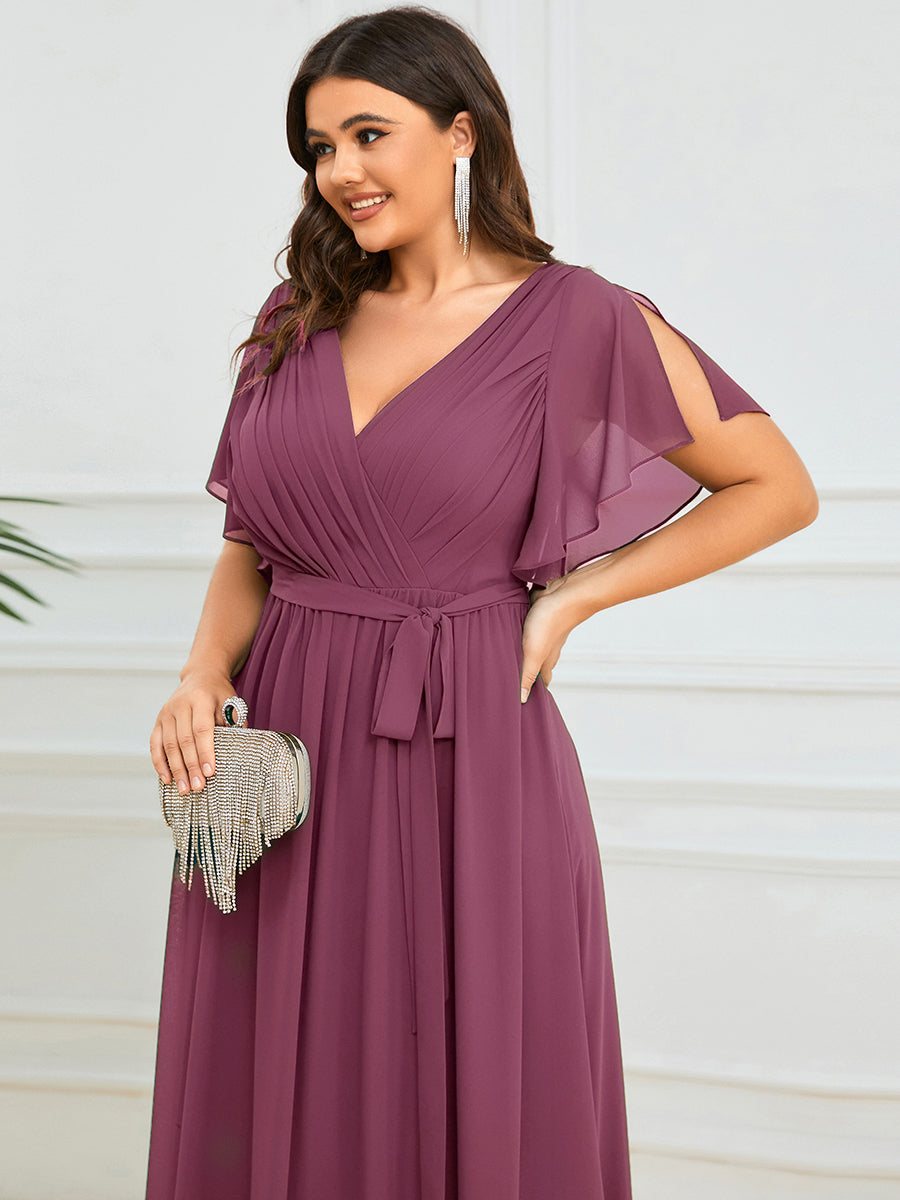 pretty LEORA|Plus Size Pleated Tie-Waist Chiffon Bridesmaid Dress