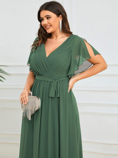 pretty LEORA|Plus Size Pleated Tie-Waist Chiffon Bridesmaid Dress