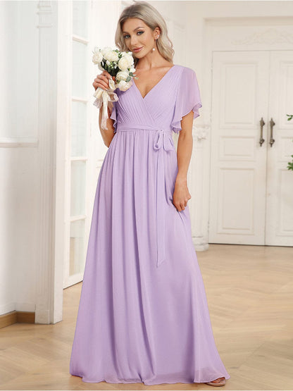 ever LEORA|A-Line Pleated Chiffon Tie-Waist Bridesmaid Dress
