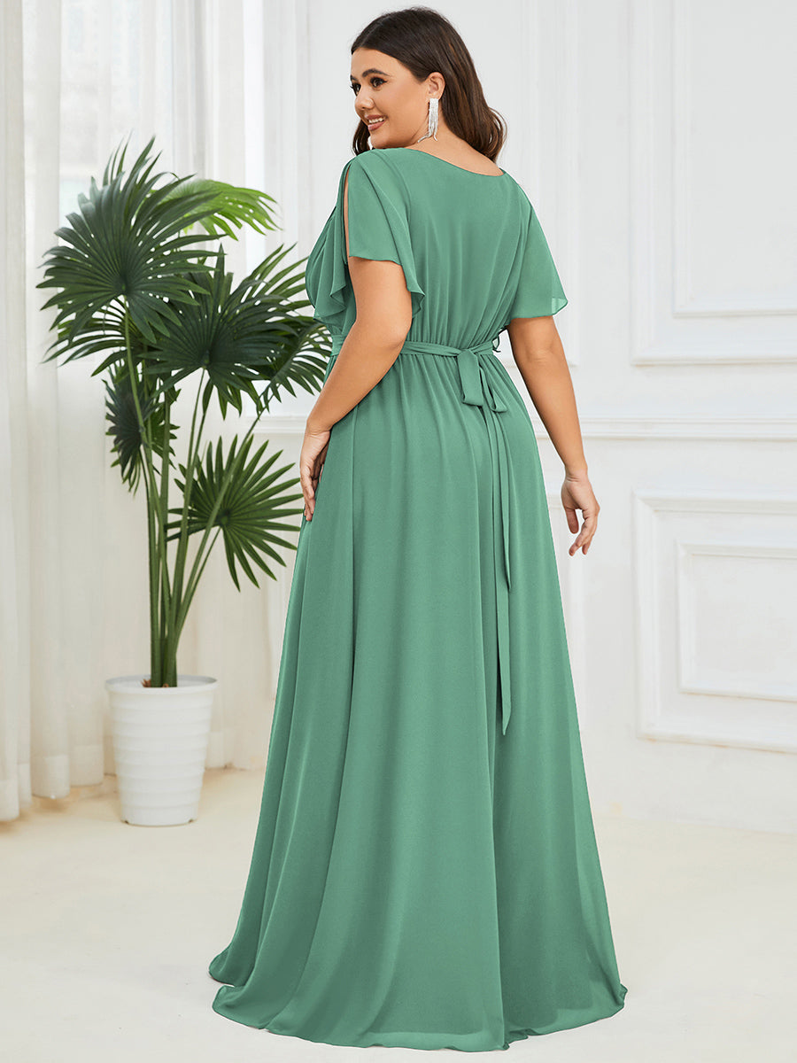 pretty LEORA|Plus Size Pleated Tie-Waist Chiffon Bridesmaid Dress