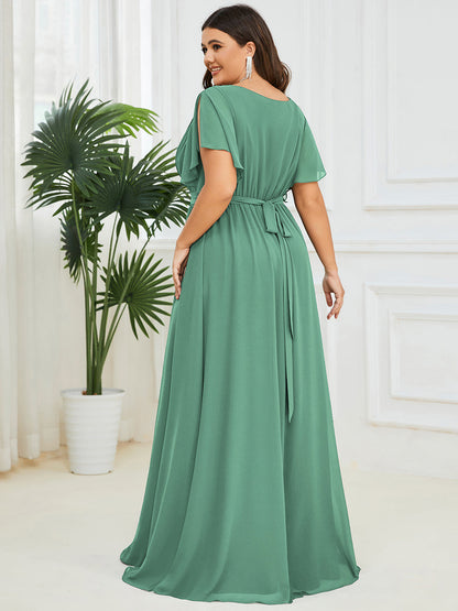 pretty LEORA|Plus Size Pleated Tie-Waist Chiffon Bridesmaid Dress