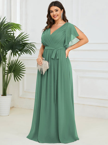 pretty LEORA|Plus Size Pleated Tie-Waist Chiffon Bridesmaid Dress
