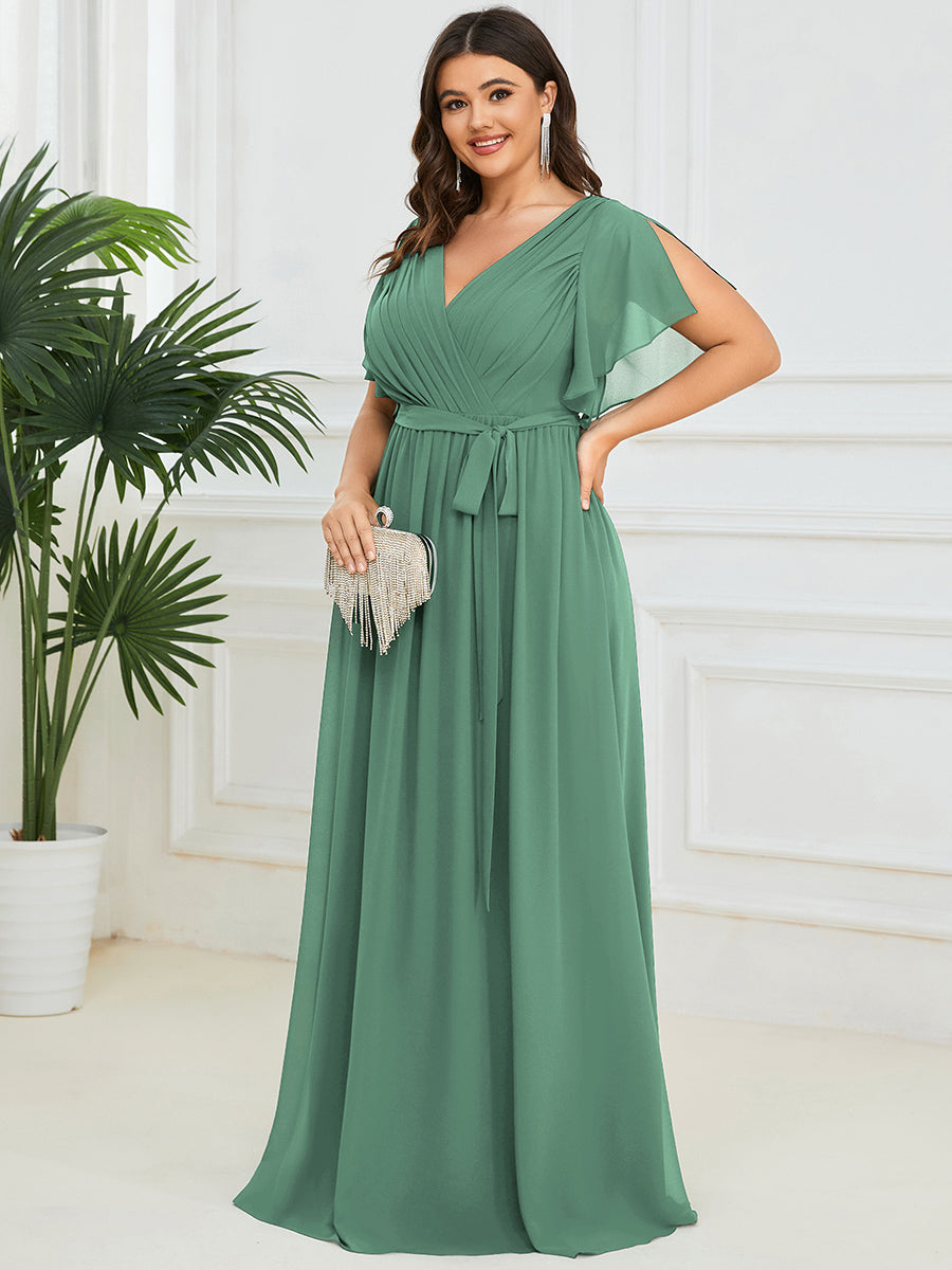 pretty LEORA|Plus Size Chiffon Tie-Waist Evening Dress