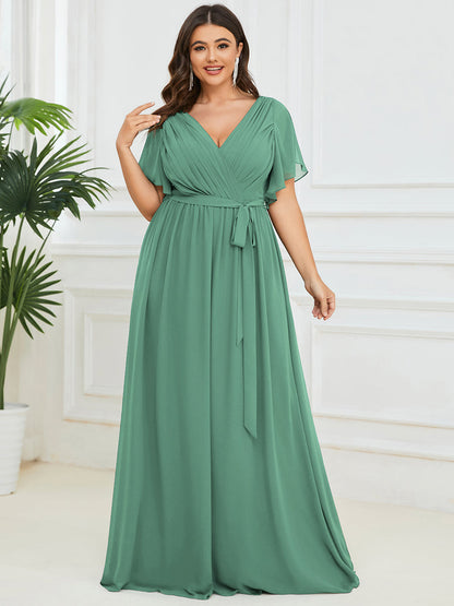 pretty LEORA|Plus Size Chiffon Tie-Waist Evening Dress