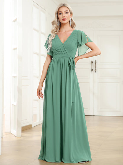 ever LEORA|A-Line Pleated Chiffon Tie-Waist Bridesmaid Dress