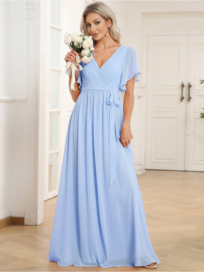 ever LEORA|A-Line Pleated Chiffon Tie-Waist Bridesmaid Dress