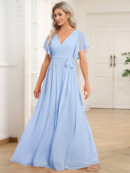 ever LEORA|A-Line Pleated Chiffon Tie-Waist Bridesmaid Dress