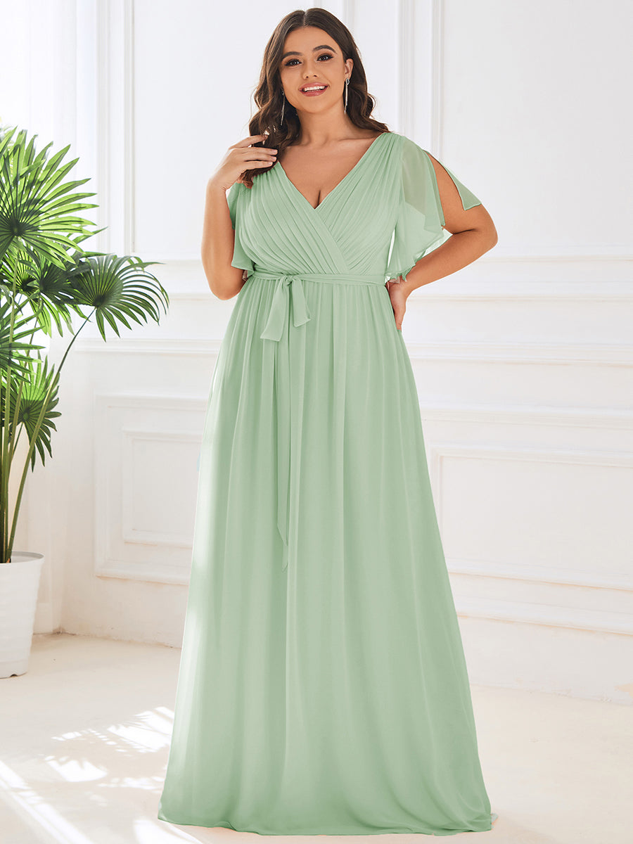 pretty LEORA|Plus Size Pleated Tie-Waist Chiffon Bridesmaid Dress