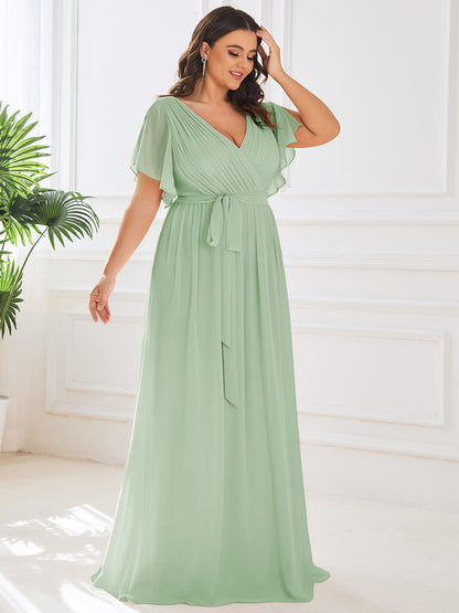 pretty LEORA|Plus Size Pleated Tie-Waist Chiffon Bridesmaid Dress
