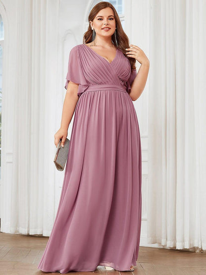 pretty LEORA|Plus Size Pleated Tie-Waist Chiffon Bridesmaid Dress