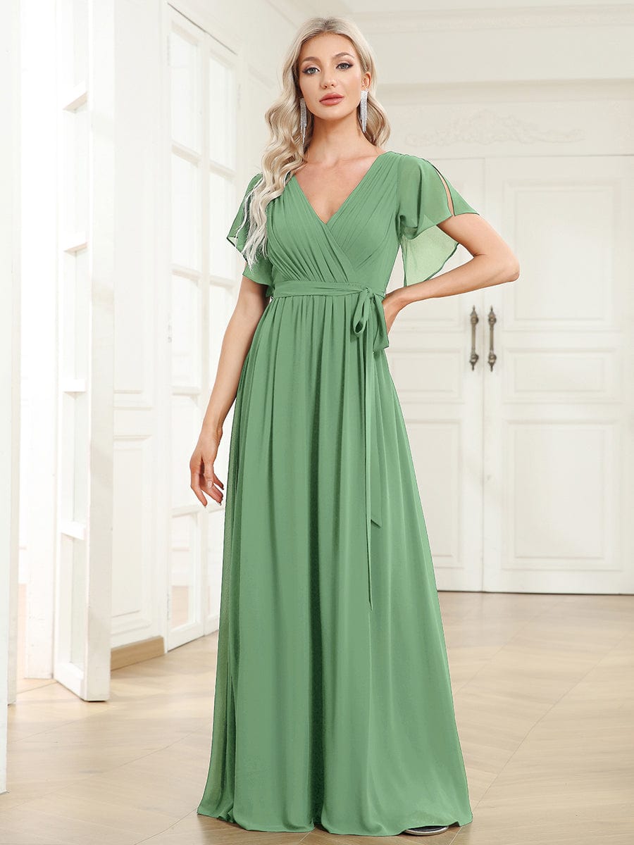 pretty LEORA|Plus Size Pleated Tie-Waist Chiffon Bridesmaid Dress