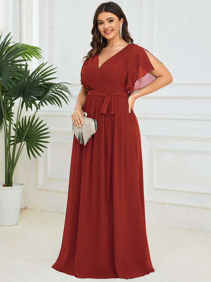 pretty LEORA|Plus Size Pleated Tie-Waist Chiffon Bridesmaid Dress