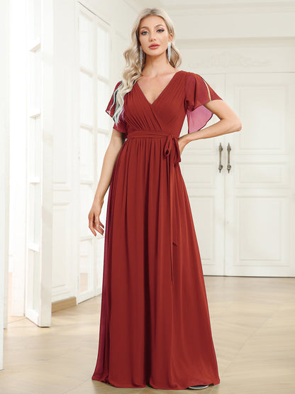 ever LEORA|A-Line Pleated Chiffon Tie-Waist Bridesmaid Dress